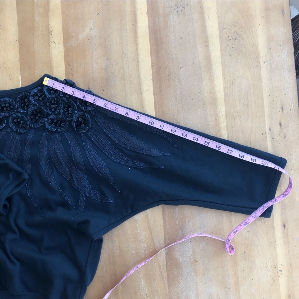Vintage 80s Black Sweatshirt Batwing Beaded Sequins Flower Appliqué Decorative - Picture 12 of 14